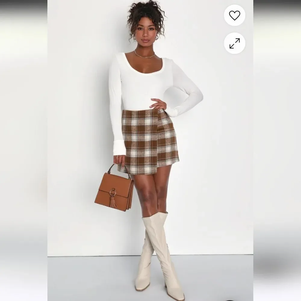 Lulus Mad for Plaid Brown and Blue Plaid Faux Wrap Mini Skirt Xlarge - Picture 2 of 6